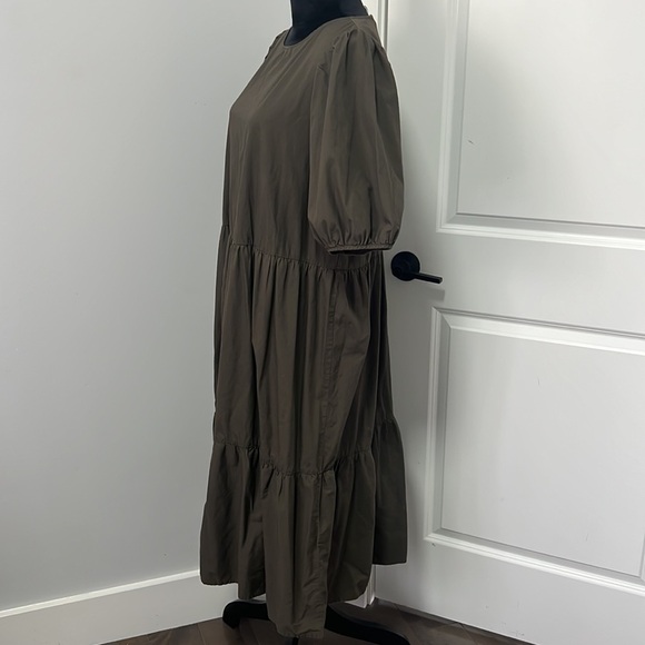 H&M Dark Khaki Green Puff Sleeve Tier MIDI Dress size Medium - Picture 4 of 6
